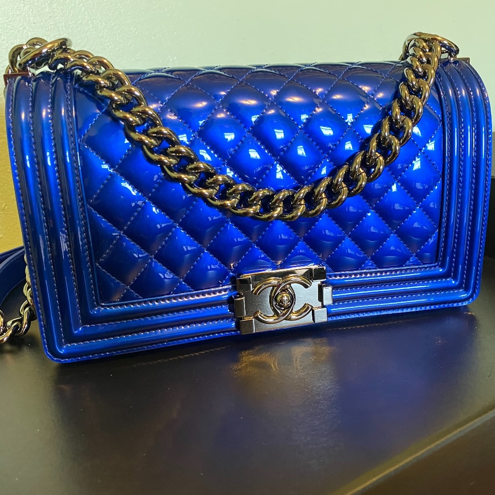 RARE! STUNNING CHANEL METALLIC COBALT BLUE BOY BAG